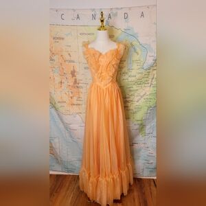 Trur Vintage 1970s Prom Dress Peach Ruffles Long Flowy Chiffon